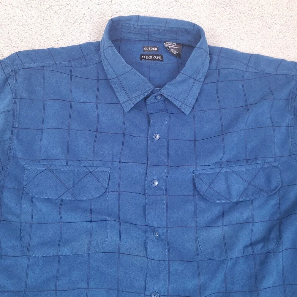 George Sueded Shirt Men's XL Blue‎ Plaid Long Sleeve Button Up Collared Soft - Picture 2 of 10